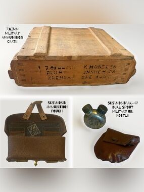 Vintage Soviet Military Bundle: 7.62mm Ammo Crate, SKS Mosin Pouch & Oil Bottle